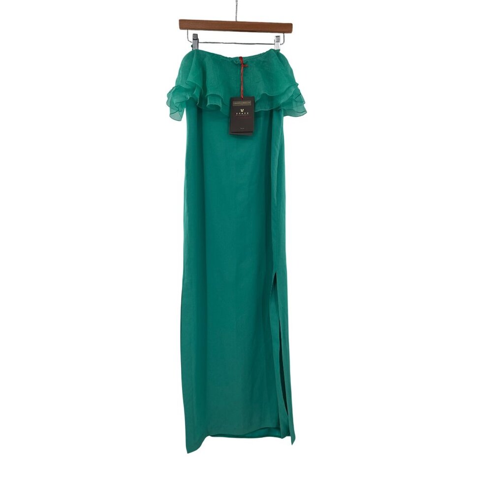 Simona Corsellini Green‎ Off-Shoulder Ruffle Column Gown Side Slit